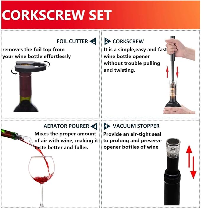 Air Pressure Pump Bottle Opener With Foil Cutter,Aerator Pourer,Vacuum Stopper(4PCS),Simple Cork Remover,Efficient Corkscrew Bottle Opener,Great For Wine Lovers,Perfect Wine Gift.