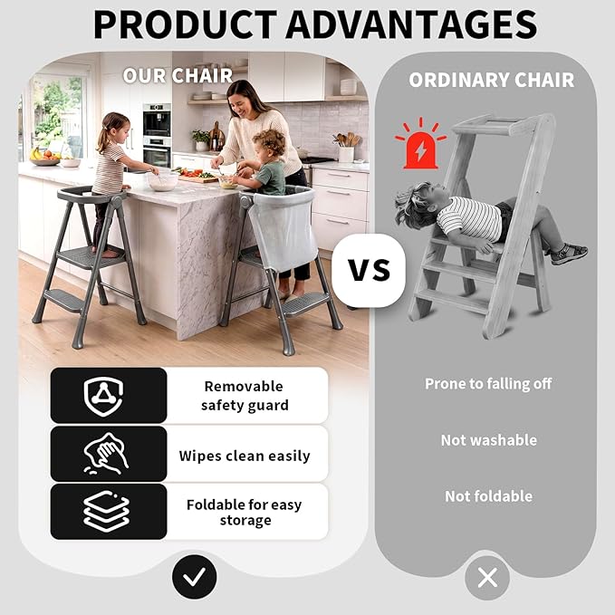 Toddler Step Stool Foldable, Kids Step Stools for Kitchen Counter, Foster Independence Learning Stool with Safety Guards&Net, Toddler Sturdy Standing Tower Kitchen Helper,Black