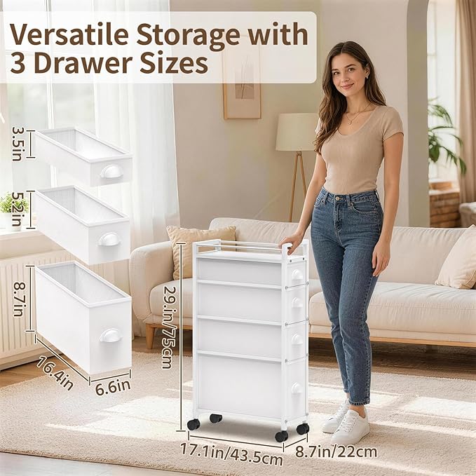 LASZOLA 4 Drawer Narrow Slim Cabinet Skinny Storage Tower Chest, Ideal for Small Spaces, Between Washer and Dryer, Lightweight Mobile on Wheels, Sturdy Fabric Drawers, White