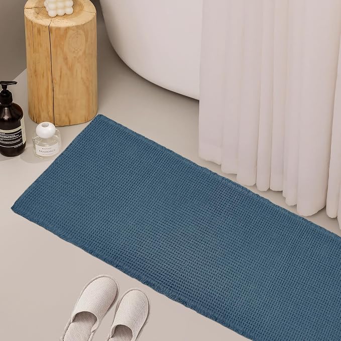 ZALL Blue Waffle Bath Mat,Super Absorbent Non Slip Bathroom Rug, 24x60inch, Machine Washable Ultra Soft Floor Mats