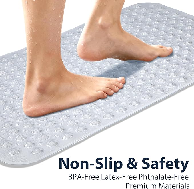 Large Shower Mat 21.5x33.5 Inch Clear, Soft Non Slip Shower Mats for Inside Shower with Big Suction Cups Drain Holes, Extra Large Bath Bathtub Mat Floor Stall Mats, BPA-Free, Easy Clean
