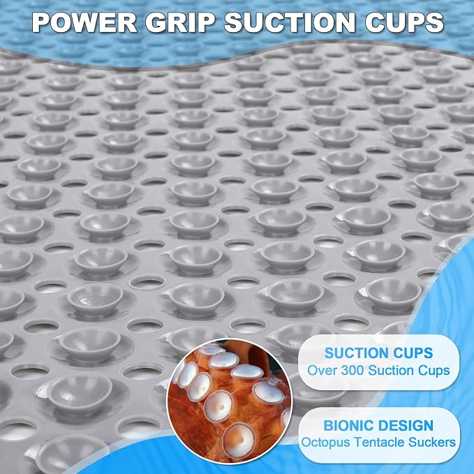 Bathtub and Shower Mats, 40x16 Inch Extra Large Non Slip Soft Bath Tub Mat with Suction Cups and Drain Holes for Bathroom Floor and Keep Tubs Clean, Machine Washable, Gray