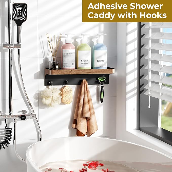 Shower Caddy Adhesive, Shower Shelve for Inside Shower, Bathroom Organizers and Storage for Accessories Holder, Rustproof Bathroom Wall Shower Rack Organize with 5 Hooks, No-drill, Wood
