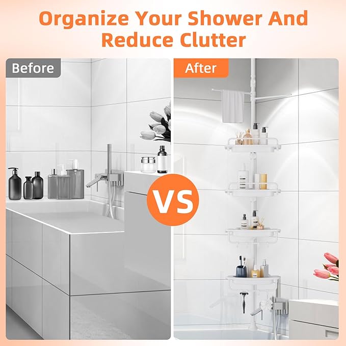 XLHOMO 32-122inch Corner Shower Caddy Tension Pole All White, Rustproof Drill-Free Shower Shelves for Bathroom Bathtub Washbasin, Adjustable Shower Organizer with 4 Tier Patent Shelves & Towel Bars