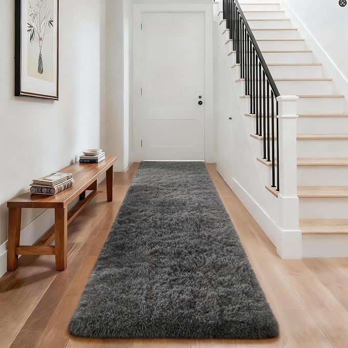 Ophanie Runner Rug for Hallway, 3x8 Washable Non-Slip Fluffy Soft Bedside Rugs, Bedroom Living Room Shaggy Carpet for Kids Girls Boys Dorm Nursery Home Decor Aesthetic, Grey