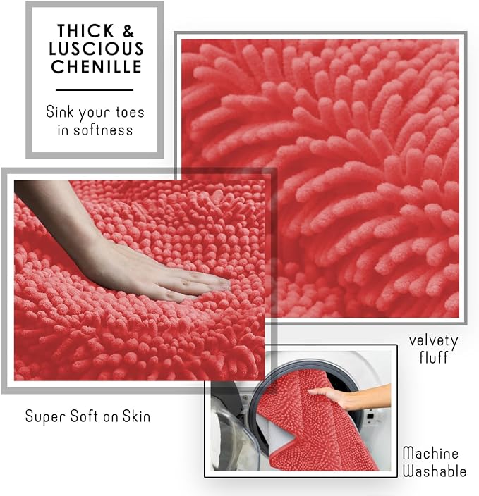 Hearth & Harbor Bathroom Rugs, Chenille Bath Mat - Machine Washable Bath Mats for Bathroom Non-Slip Backing Rubber, Quick Dry Bathroom Mat - Rose 24x36