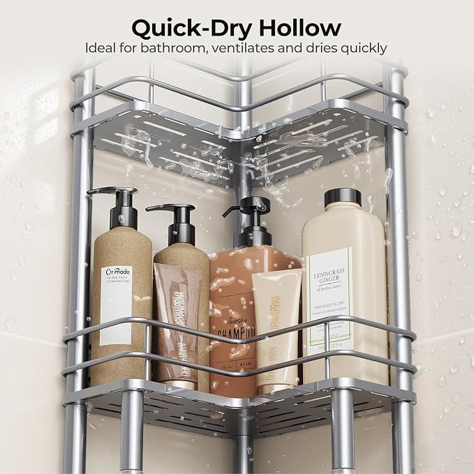 Orimade Rustproof 4 Tier Floor Standing Corner Shower Caddy Organizer with Toothbrush Holder, Large Spacing Floor Shower Shelf Rack Storage Stands with Hooks for Bathroom Kitchen, Silver