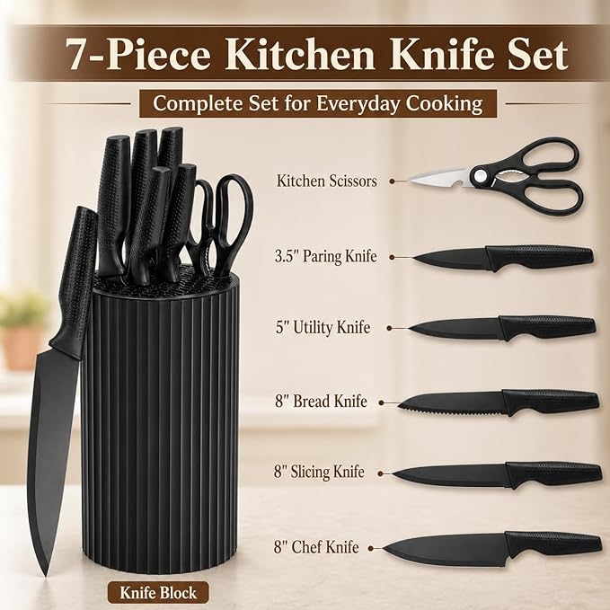Small Knife Block Set, Modern Kitchen Knife Scissors with Universal Round Holder, Home Apartment New Kitchen Essentials, Space Saving, Dishwasher Safe(Black, 7PCS)