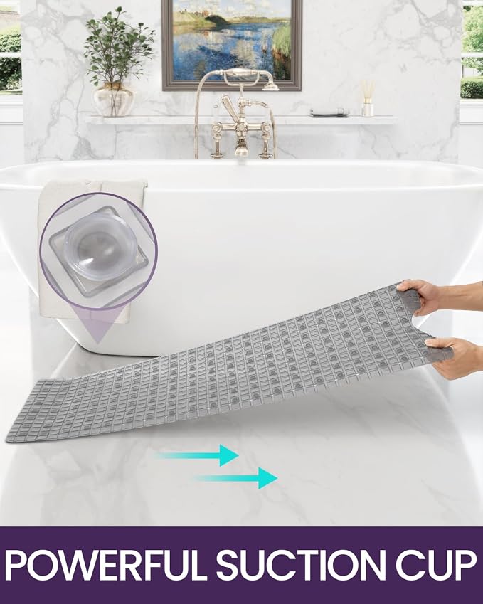 DEXI Bathtub Mat Non Slip, Extra Long 39x16, Suction Cups, Drain Holes, Machine Washable for Tub Shower Floor, Clear Grey