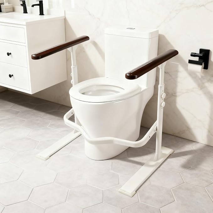 Toilet Safety Rails for Seniors - Toilet Safety Frame with Nighttime Reflective Armrests & Base, 3-Speed Height Adjustment, Toilet Support Frame Fits Most Toilets (Brown)