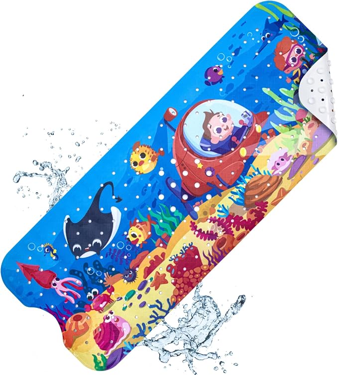 Bath Mats for Tub Kids - Large Cartoon Non-Slip Bathroom Bathtub Kid Mat for Baby Toddler Anti-Slip Shower Mats for Floor 40x16,with Drain Holes and Suction Cups Machine Washable, Boy - Submersible