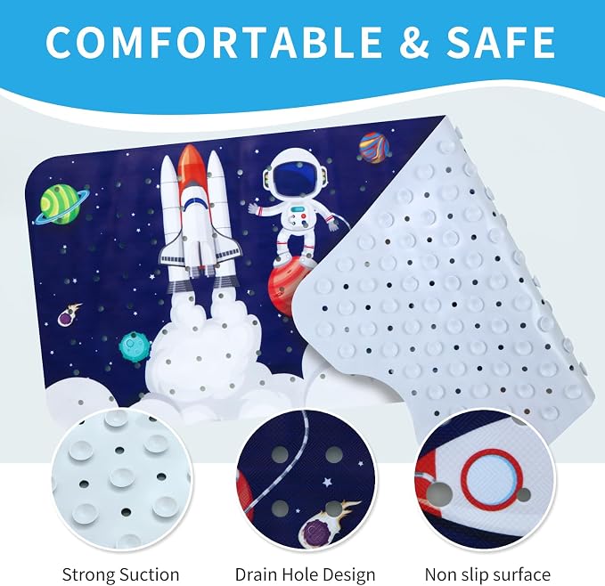 Baby Bath Mat for Tub Non Slip Kids Bathtub Mat Extra Long 40X16 Inch Toddler Bath Tub Shower Mat Anti Slip with Suction Cups & Drain Holes, Machine Washable (Space)