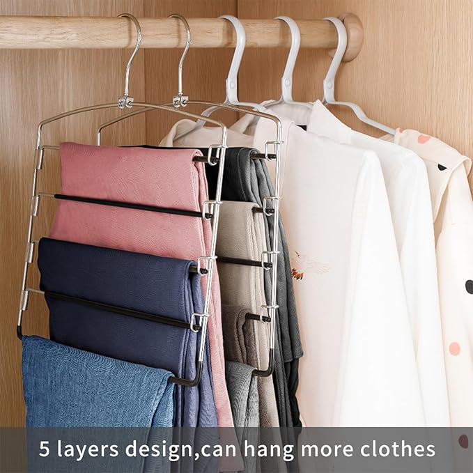 FeeraHozer Pants Hangers Non Slip 3 Pack Space Saving Hangers Multi-Layer Swing Arm Pants Hanger Stainless Steel Space Saver Hanger Closet Storage Organizer for Jeans Trouser Slacks Clothes (Black)
