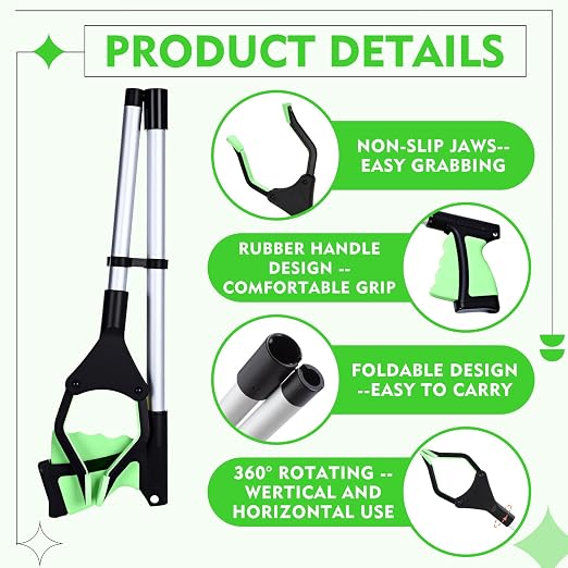 Ctosree 8 Pack 32" Trash Grabber Reacher Tool for Elderly, Foldable Litter Picker Upper, Lightweight Trash Pick up Stick, Long Handy Mobility Aids for Home Garden Arm Extension(Green)