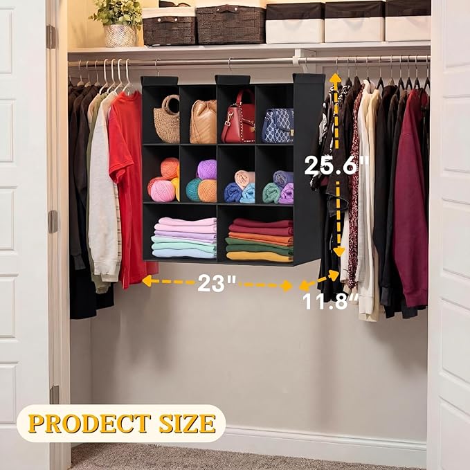 Ofiray-home 3 Tier Hanging Closet Organizer, 10 Compartments Sweater Organizer for Closet with 3 Sturdy Hooks, Closet Organizers and Storage, Wardrobe, Rv, Garment Rack, Black