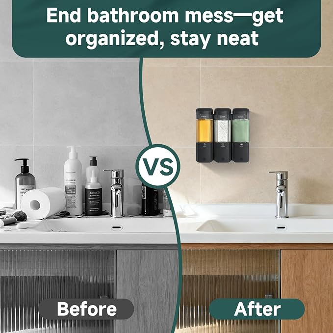 Shampoo and Conditioner Dispenser 3 Chamber 17oz No Drill Shower Soap Dispenser Wall Mounted Shampoo Conditioner Body Wash Refillable Bathroom Shower Dispenser (Black+Smoke Gray 3 Chamber)