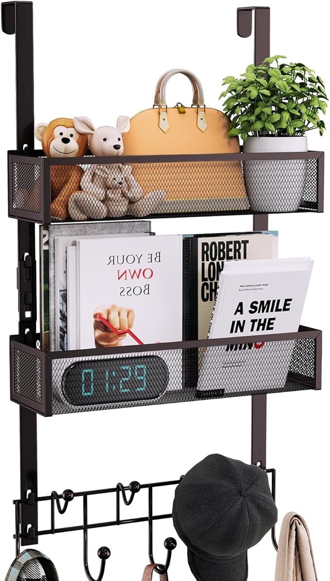 Consumest Over The Door Hooks Organizer - 3 Tier Door Hanger with 9 Coat Hooks & 2 Mesh Basket, Back Storage Organizer Hanging Towels for Bathroom, Bedroom, Bronze
