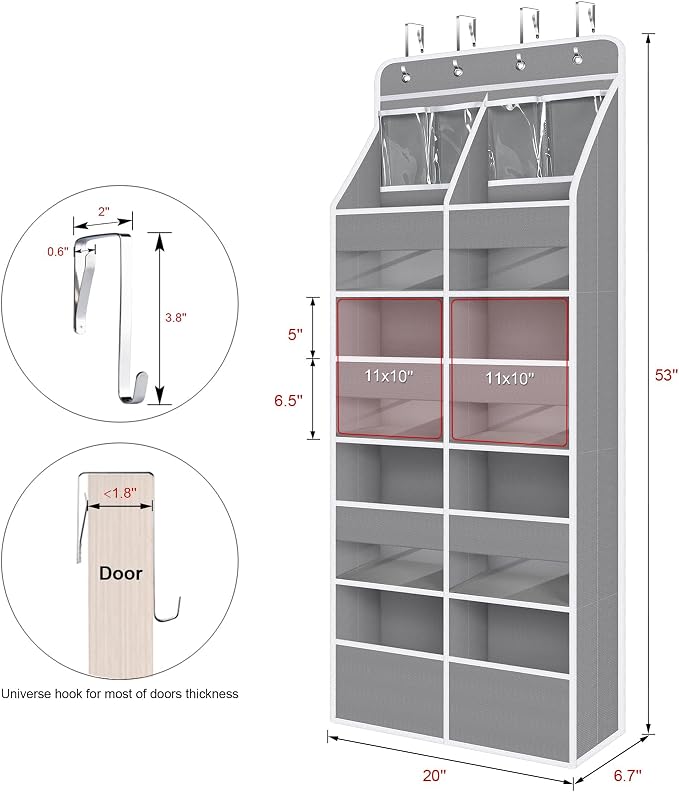 Univivi 5-Shelf Fabric Door Organizer Over Door Hanging Organizer with 8 Deep Pockets and 4 Small PVC Pockets Hanging Storage Organizers for Baby Nursery(Grey)