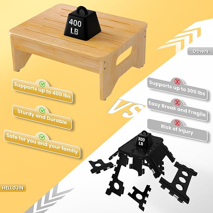 Wooden Step Stool for Adults & Kids, Non-Slip Rubber Feet, 6.5 INCH High, Lightweight Small Step, 450 LBS Capacity, Bed Step Stool for High Bed, Bathroom & Kitchen (Bamboo)