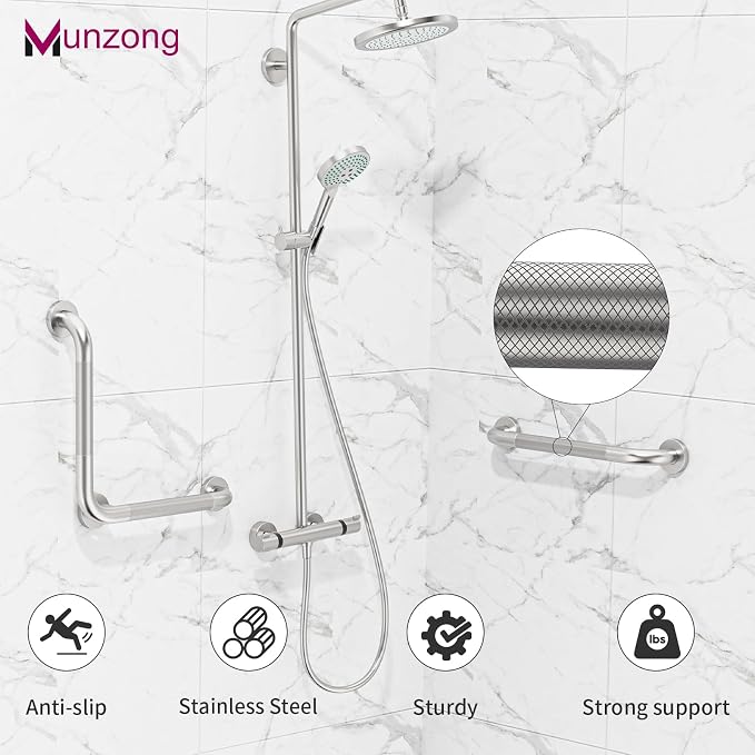 16 Inch Anti Slip Angled Shower Grab Bars with Munzong 20 Inch Stainless Steel Bathroom Grab Bar Brushed Nickel Toilet Handicap Grab Rail Knurled Safety Handle Support Elderly Injury Senior Bath