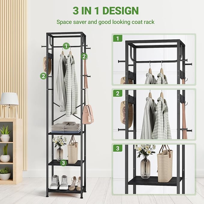 ELYKEN Coat Rack Freestanding, Hall Tree with 3 Storage Shelves and 12 Hooks, Metal Clothes Rack Stand Organizer for Bedroom, Hallway, Entryway, Office, Living Room, Black