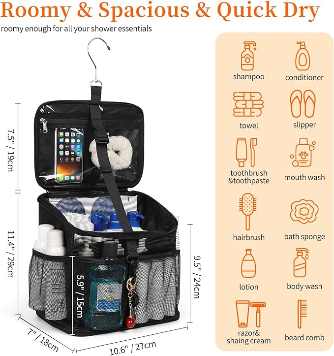 CUBETASTIC Shower Caddy Portable Mesh Shower Tote for Bathroom, Gym, Travel, Camping - Quick Dry Hanging Organizer Toiletry Bag with Handle for College Dorm Room, Men & Women
