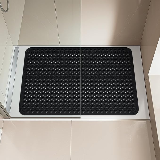 OTHWAY Extra Large Shower Mat 47"x 32", TPE Non Slip Shower Mat for Shower Stall, Inside Walk in Shower Mats with Drain Holes Suction Cups, Anti-Slip for Elderly Kids (Black)