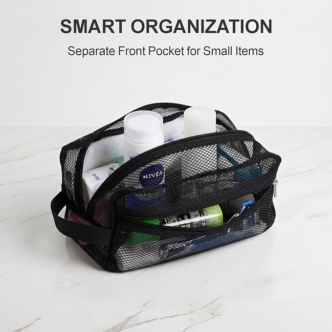 F-color Mesh Shower Caddy Portable with Zipper - 2 Pockets Small Shower Bag Tote for Camping, Gym, Travel, Toiletry, Quick Dry Bathroom Essentials with S Hook, Black