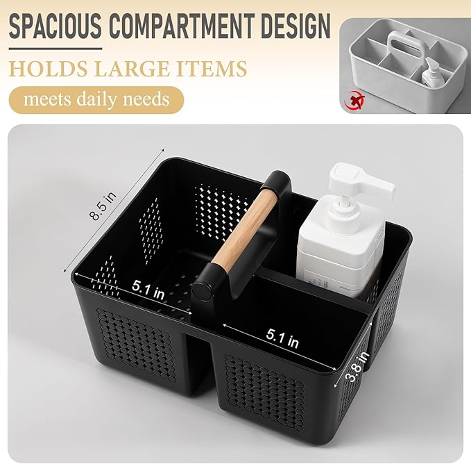 JiatuA Shower Caddy Basket Portable Caddy Organizer with Handle Cleaning Supplies Caddy Plastic Tool Storage for Bathroom Kitchen College Dorm Bedroom, Black
