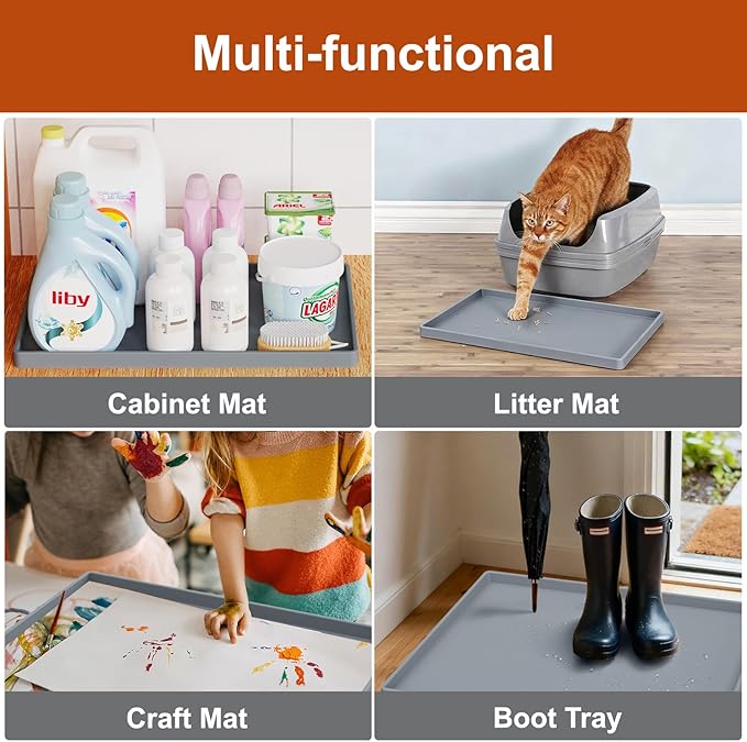 ukeetap Extra Thick Silicone Mat Waterproof with Raised Edge 19” x 12”, BPA Free Non-Slip Dog & Cat Food Mat, Feeding Mat for Food and Water Bowls, Spill Proof Mat to Protect Floors, Gray