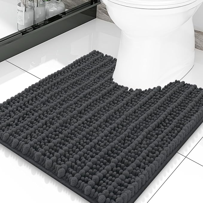 Smiry Bathroom Toilet Rugs U Shaped 20x20, Extra Soft Absorbent Non Slip Rubber Backing Chenille Contour Bath Rugs for Toilet, Machine Washable Contoured Bath Mats, Dark Grey