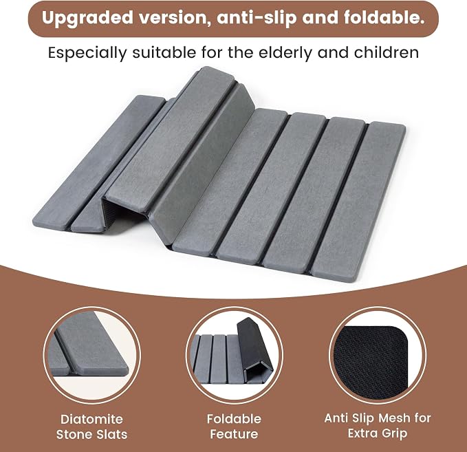 Super Anti-Slip Strong Absorbent Diatomite Pad, Stone Bath Mat 23.6 x 15.5 inches Quick-Dry Pad, Foldable and Easy to Store Bathroom Stone Bath Mat, Suitable for Bathroom, Easy to Clean (Gray)