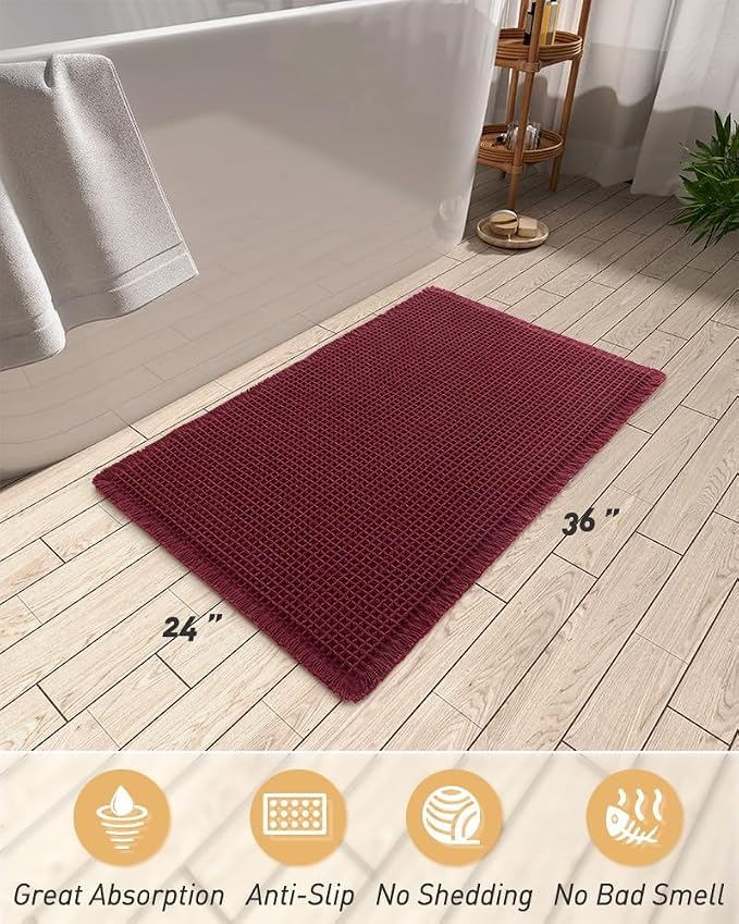AMOAMI Upgraded Waffle Bath Mat, Super Absorbent Non Slip Bath Mats for Bathroom Floor, Washable Bathroom Rugs with Tassels, Rubber Backed Bathroom Mats, Ultra Soft, 24" x 36", Burgundy