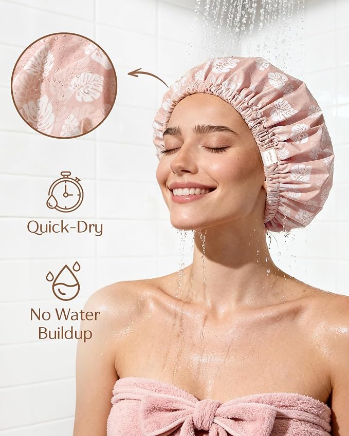 Yanibest Satin Lined Shower Cap for Women Reusable Waterproof, Frizz Free & Large Bath Cap with Soft Elastic Band, Luxury Hair Protection Caps (Pink Leaves)