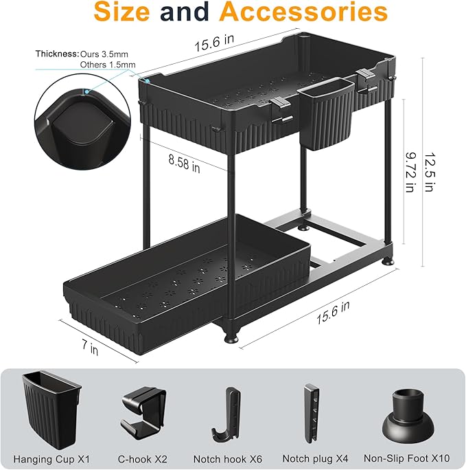 Sevenblue 2 Packs Under Sink Organizer, Height Adjustable 2 Tier Under Kitchen Sink Organizer, Multi-Purpose Storage Shelf for Kitchen Bathroom Cabinet, Deep-Black,12.85 Inches