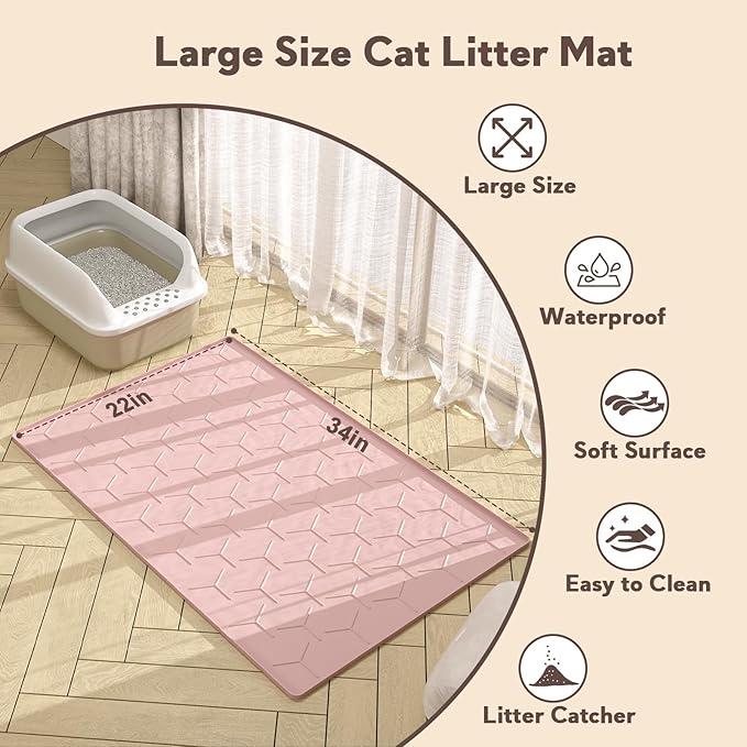 Garoopion Silicone Cat Litter Trapping Mat, Large Waterproof 34" X 22" Cat Litter Box Mat, Easy to Clean, Pink