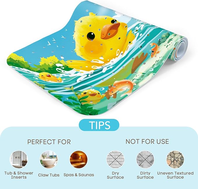 SHUCHING Yellow Duck Baby Bath Mat for Tub Non Slip-40 X 16Inch, Kids Bathtub Mat Anti Slip, Toddler Long Shower Mat for Bathroom Mold Free, Machine Washable