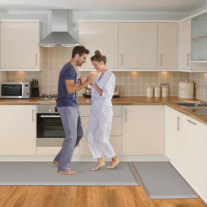 HappyTrends 2 PCS Kitchen Mat Cushioned Anti-Fatigue Floor Mat, Heavy Duty Ergonomic Comfort Foam Standing Mat, Waterproof Non-Slip Kitchen Rugs for Home, Office(20"x30"+20"x60",Khaki)