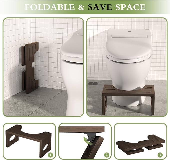 ROMGUAR CRAFT 7 Inch Bamboo Toilet Stool, Foldable Poop Stool, Bathroom Step Stool Squat (Brown)
