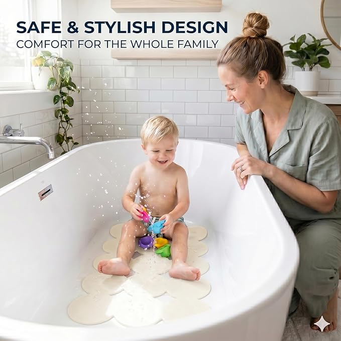Webos Patented Non Slip Bathtub Mat Shower Bath Mats with Strong Suction Cups Soft Heavy Duty Natural Rubber Superior Grip&Drainage for Inside The tub (Beige, 28x16 inch)