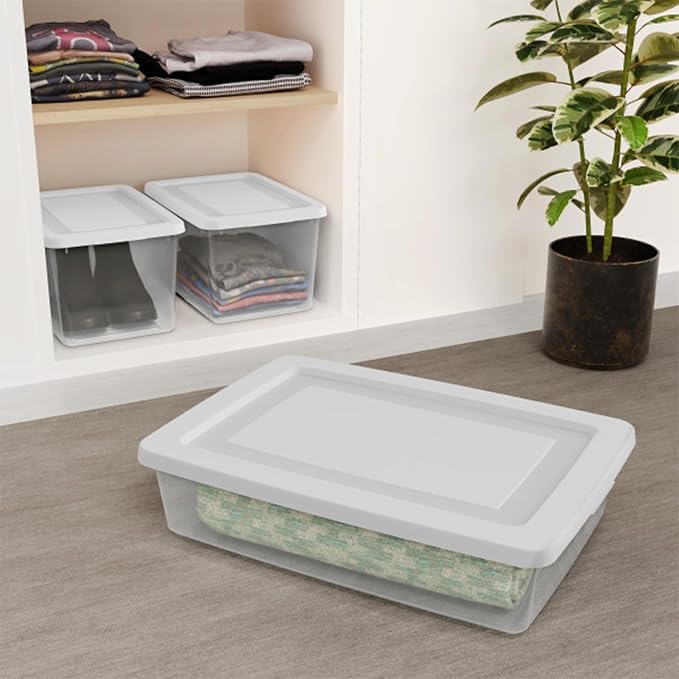 Sterilite 18 Pack Storage Boxes, Clear Plastic Stackable Containers, Lightweight Home Organizers with Snap Lids, 20 Quart, White