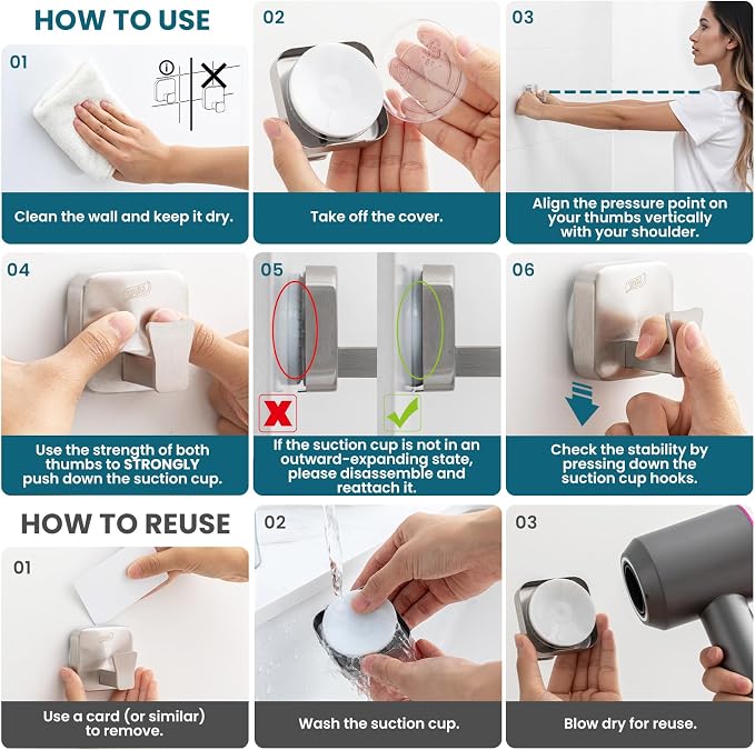 TAILI 304 Stainless Steel Bathroom Suction Hooks for Towel, Bathrobe, Loofah, Patented Strong Suction Cup Holder, No Damage Hanging Glass Shower Wall Hook, Hold Up to 11 Lbs, 2 Pack, Silver