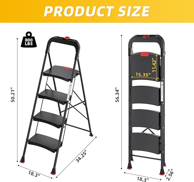 TOOLF 4 Step Ladder Folding Step Stool, Heavy Duty Steel Ladder with Tool Tray, Anti-Slip Wide Pedal, Portable Step Ladder for Home Kitchen Garage, 800 lbs Capacity, Black