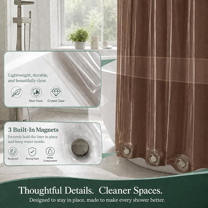 EHZNZIE Brown Shower Curtain Liner 72x72, PEVA Waterproof Bath Curtain, No Chemical Smell, 3 Weighted Magnets, Durable with Rustproof Metal Grommets
