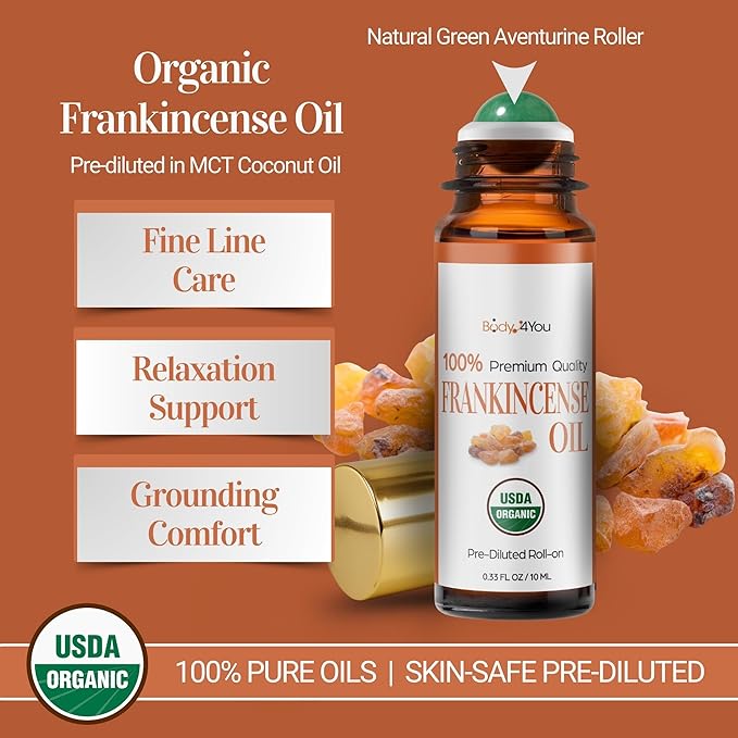 Frankincense Essential Oil Roll On for Calm Anxiety Stress Grounding - 100% Pure USDA Organic MCT Coconut Oil - Soothing Earthy Aroma Anti Aging Skin Care Wellness - Gemstone Roller 10ml Travel Size