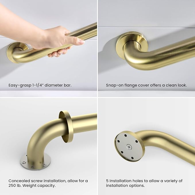 KIBI 12 Inch Stainless Steel Bathroom Safety Grab Bar | Curved Shaped Grab Bar for Bathtubs and Showers, Shower Safety Grab Bars for Seniors, Wall Mounted Anti-Slip Support (Brushed Gold, KGB1012)