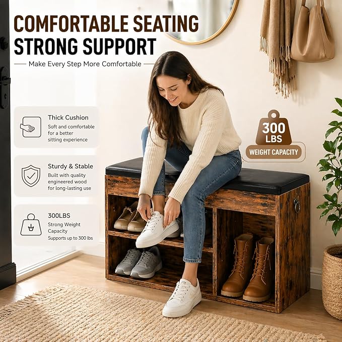 HOOBRO Shoe Storage Bench with Cushion, 32.3'' Entryway Bench with Lift Top Hidden Storage and Adjustable Shelves, Wooden Shoe Rack Bench for Entryway Bedroom, Rustic Brown and Black BF40HX01