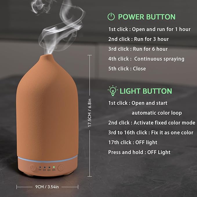 Gooamp 200ML Ceramic Essential Oil Diffuser - Ultrasonic Aromatherapy & Humidifier with 7-Color LED Lights, Auto Shut-Off, Brown, 1H/3H/6H Timer | Scent for Home,Office,Yoga