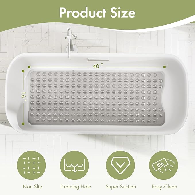 AmazerBath Shower Mat Non Slip 40 x 16 Inches, Shower Stall Mats with Suction Cups and Drain Holes, Non Slip Bath Mat for Tub for Elderly & Kids, Clear Gray