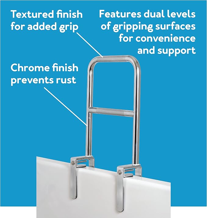 Carex Tri-Grip Bathtub Rail with Chrome Finish - Bathtub Grab Bar Safety Bar For Seniors and Handicap - For Assistance Getting In and Out of Tub, Easy to Install on Most Tubs,Silver